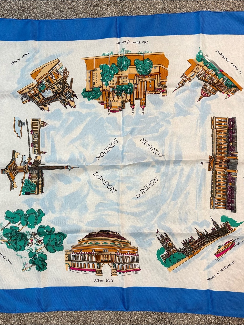 London Landmark Silk Scarf in Blue and Cream